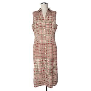 Tape Measure Plaid Shirt Dress Sleeveless Red Tan Button Front Size 8 Retro Geo